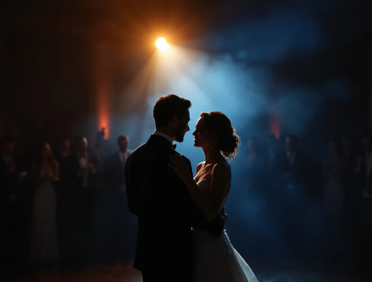 Karanlık balo salonunda tek spot ışığı altında dans eden çiftin silüeti